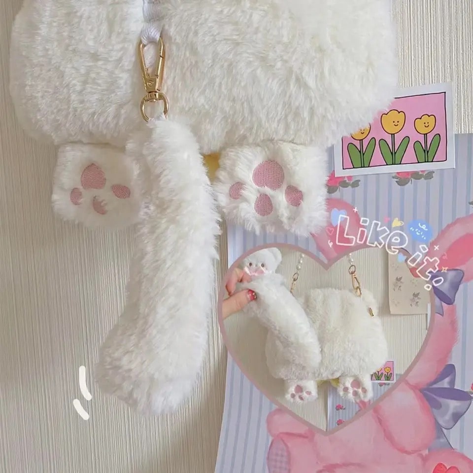 Kawaii plush cat crossbody bag in faux fur, perfect for women and kids