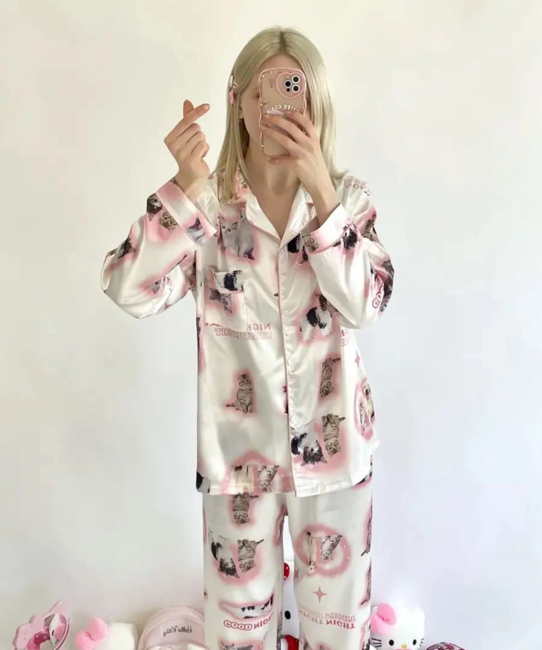 Kawaii satin kitty pajama set with cute cat print for women and kids