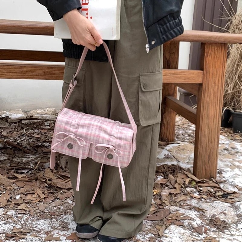 Cute Coquette Pink Purse with Plaid and Bow