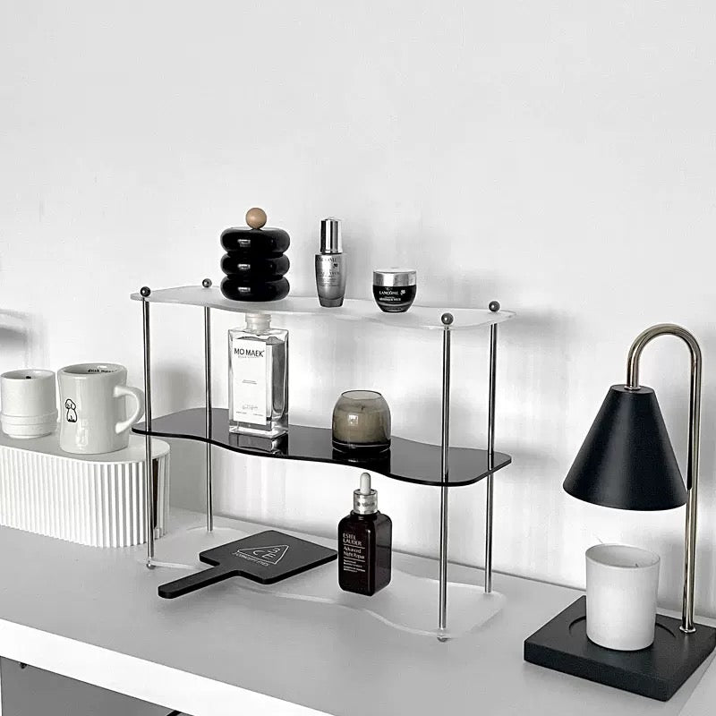 Acrylic shelf for organizing cosmetics and cups in modern decor