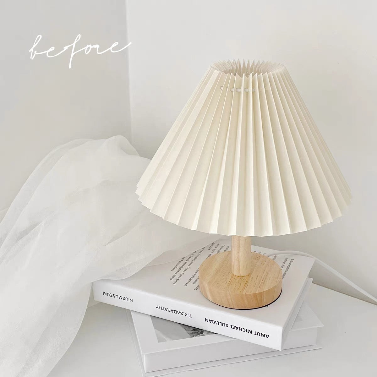 Cozy decorative table lamp with wooden base and pleated shade