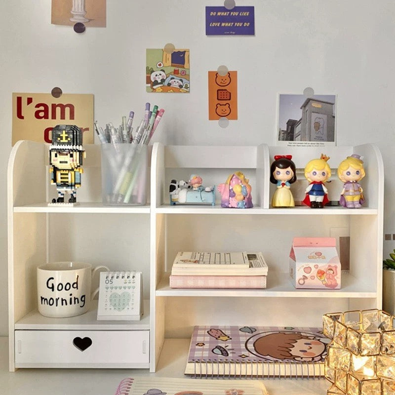 Two-tier white desk shelf with compartments for cosmetics, stationery, and books – ideal for home or dorm decor