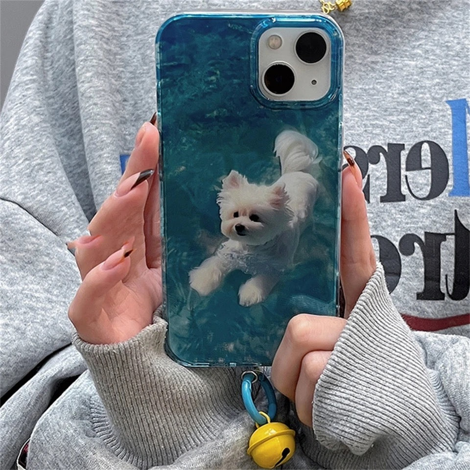 Cute Dog iPhone Case with water ripple effect and bell pendant for pet lovers