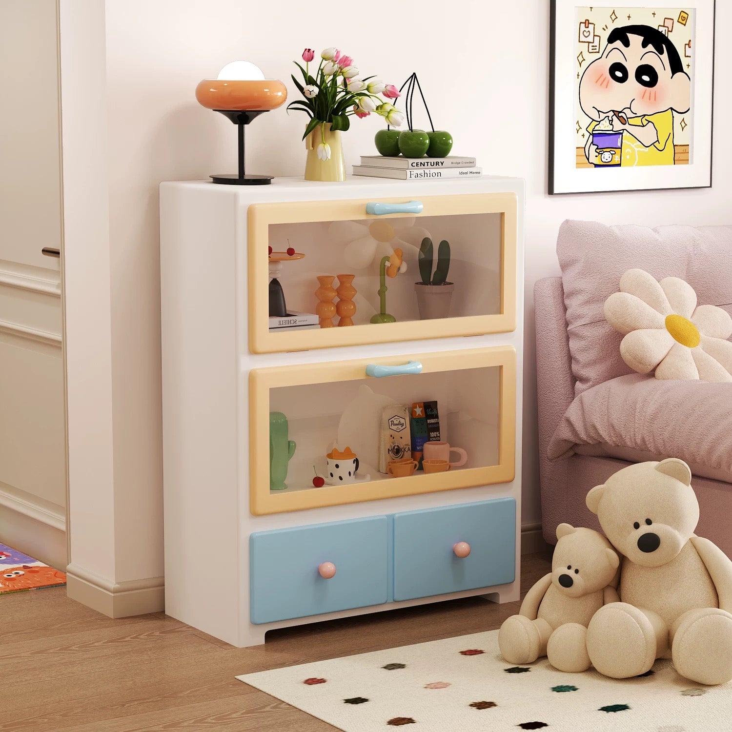 Cute pink display cabinet showcasing collectibles while hiding clutter in dopamine decor rooms interior spaces