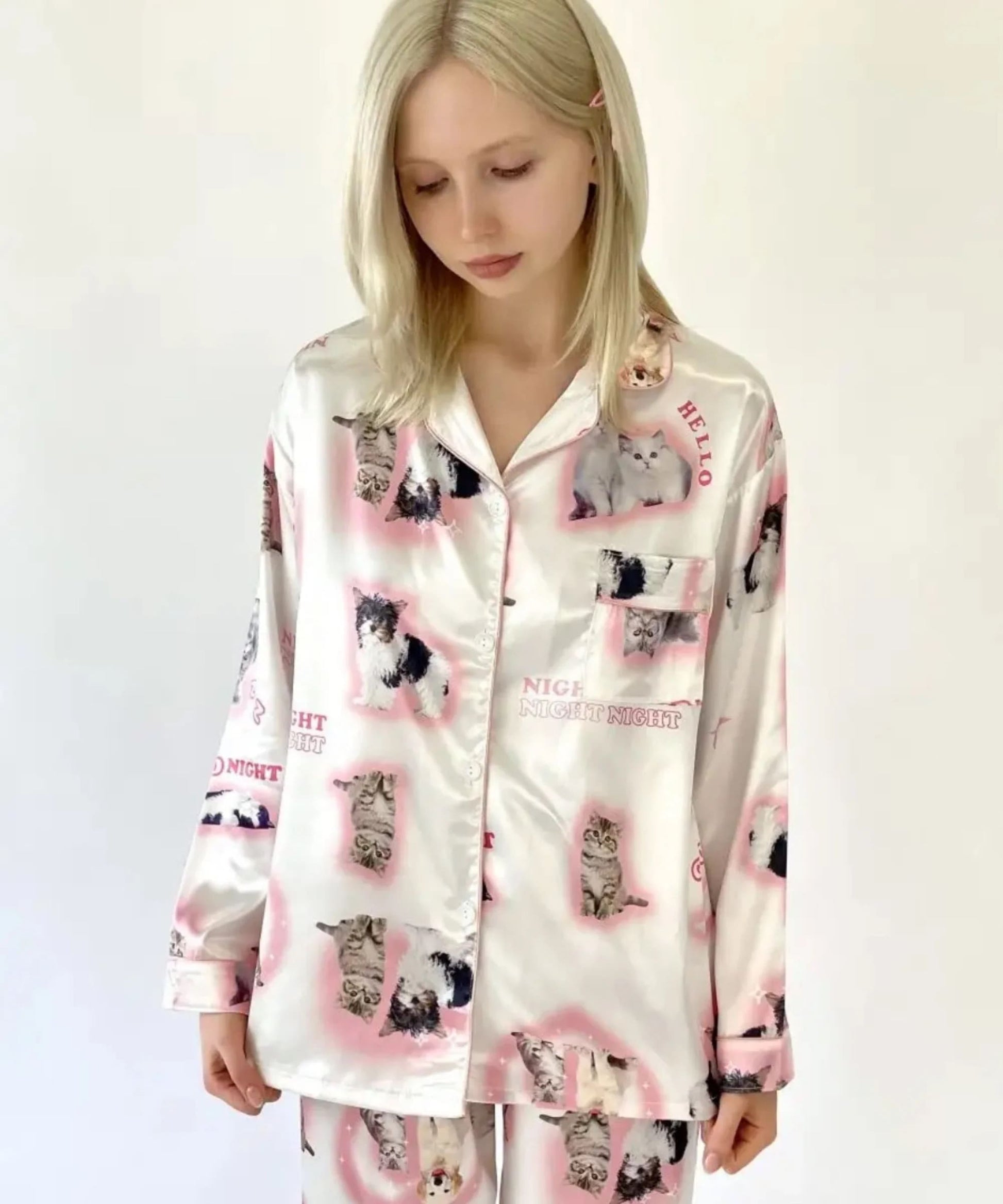 Satin pajama set with kitty print, ideal for homewear and loungewear