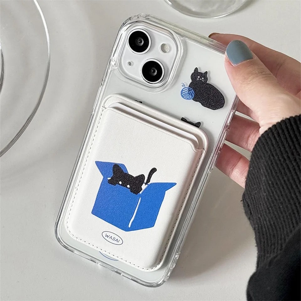 Cute Korean iPhone case with wallet and magnetic wireless charging support. Cat-themed silicone design for trendy Y2K aesthetics.