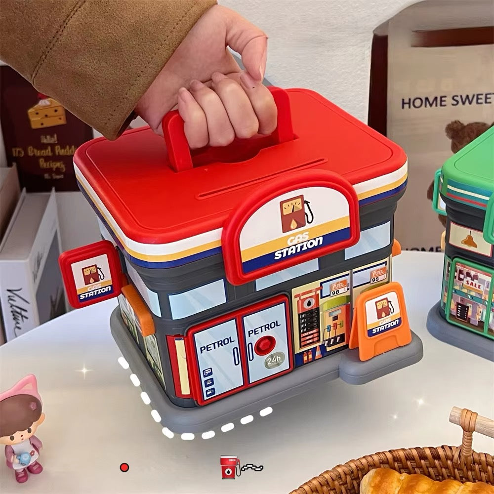 Kawaii piggy bank with gas station theme for kids’ savings