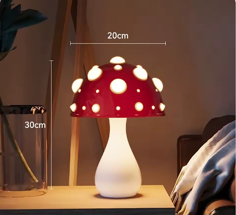 Mushroom-shaped table lamp with dimensions on a wooden surface
