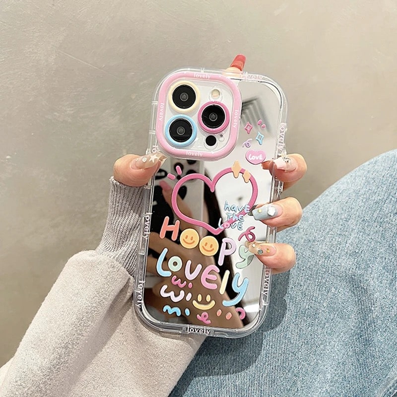 Kawaii heart-shaped mirror iPhone case with shockproof cover