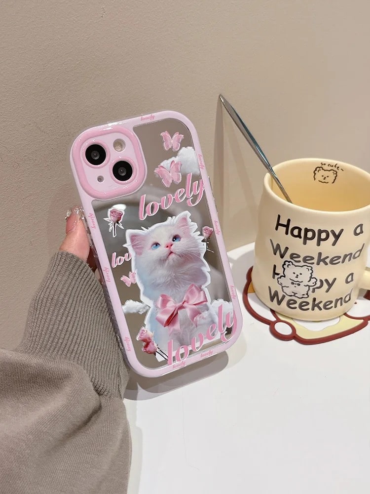 Cute pink cat mirror phone case with bow detail