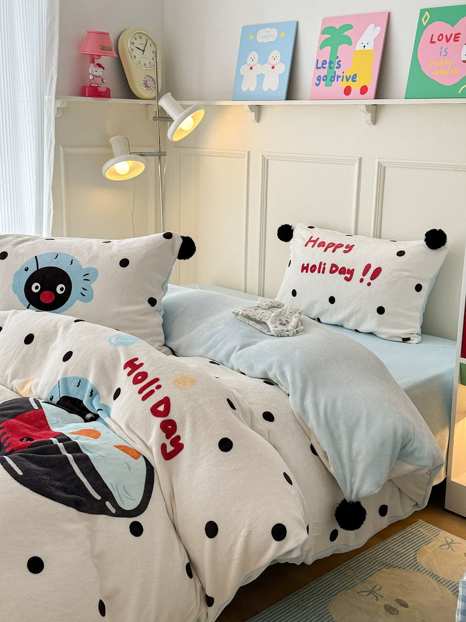 Cute penguin fleece bedding set creating warm cozy atmosphere in aesthetic Korean bedroom
