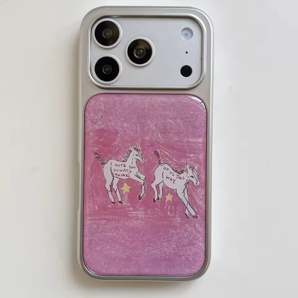 Cute pink horse phone case with whimsical artwork designed for stylish everyday iPhone accessories and fashion lovers