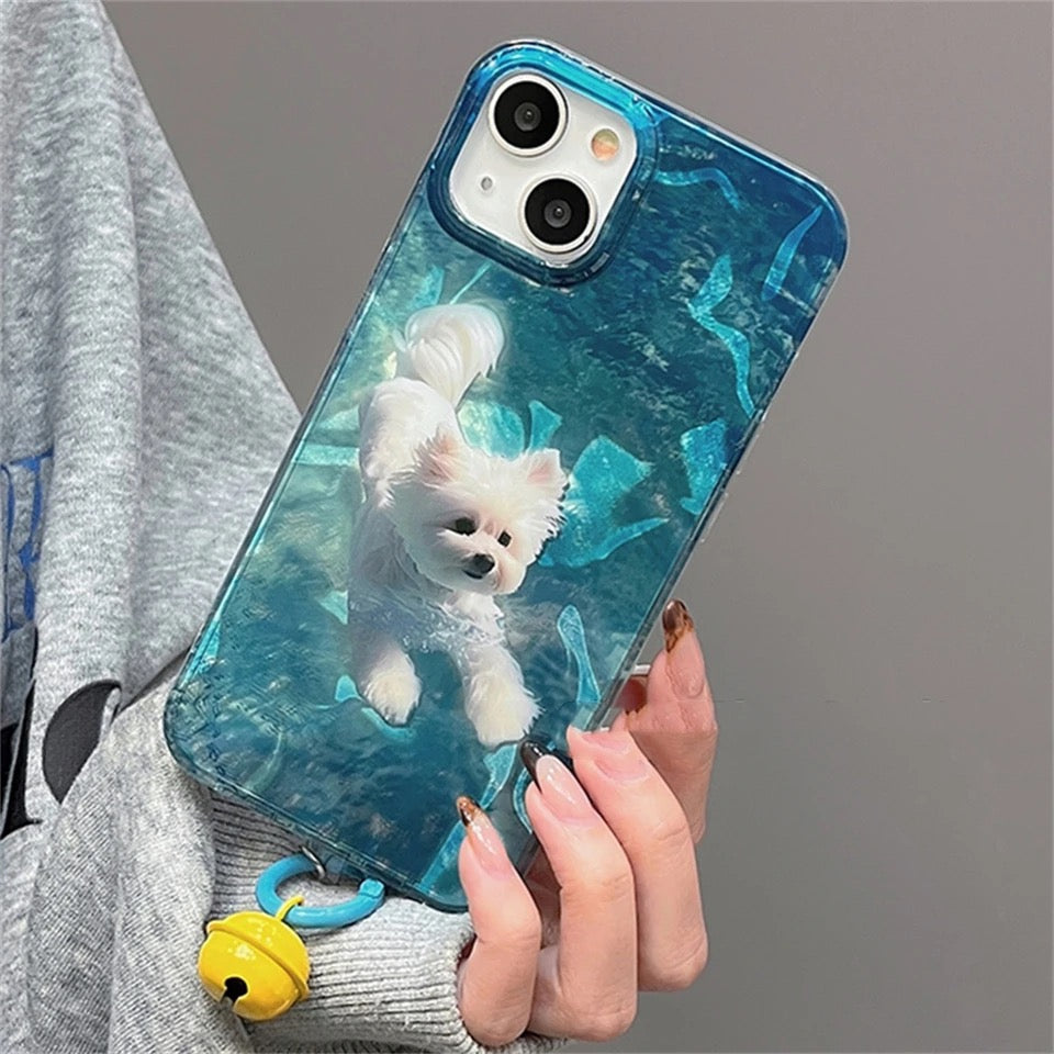 Water ripple dog phone case with bell pendant, fits iPhone 16 Pro and 15