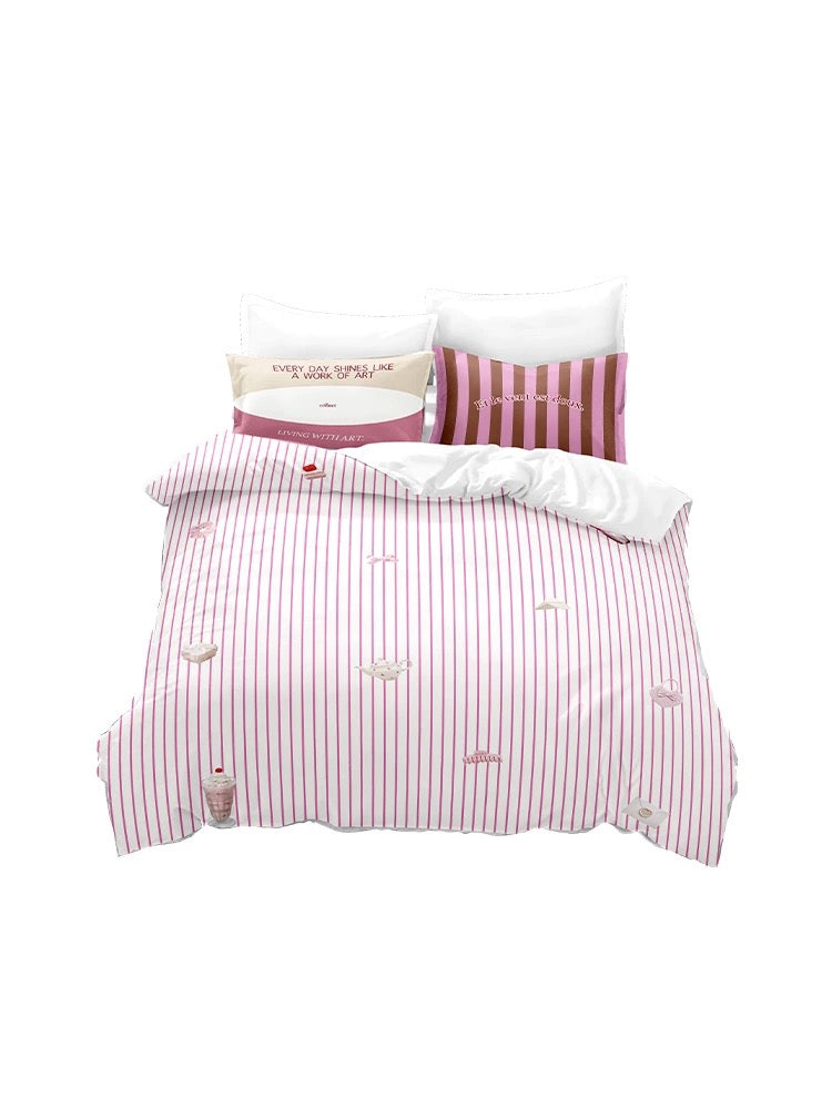 Cute Quadruple Bed Cover Set – Rose Girl Striped Style Four-Piece 100% Cotton Bedding Set for Soft and Coquette Bedroom Decor