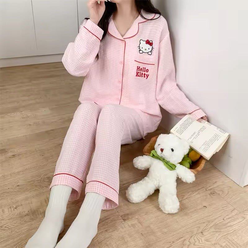 Cute Hello Kitty two-piece plaid pajamas for women