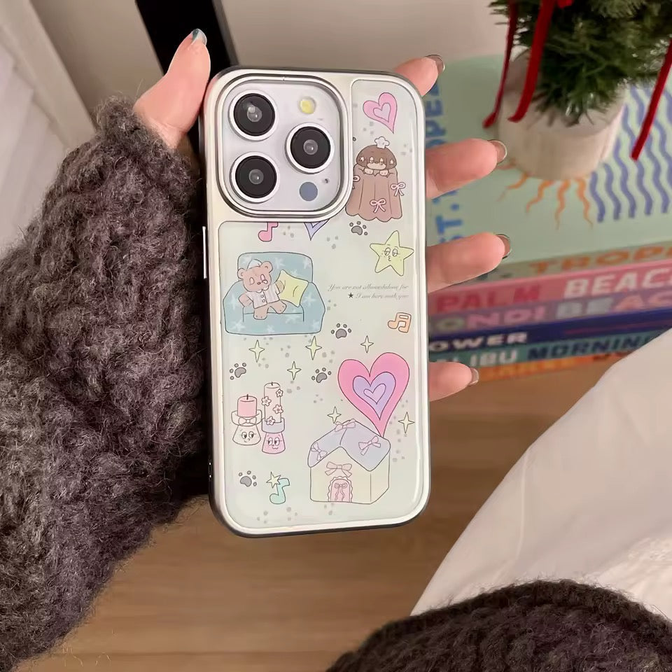 Phone case with cute illustrations held by a person, with books and a plant in the background.