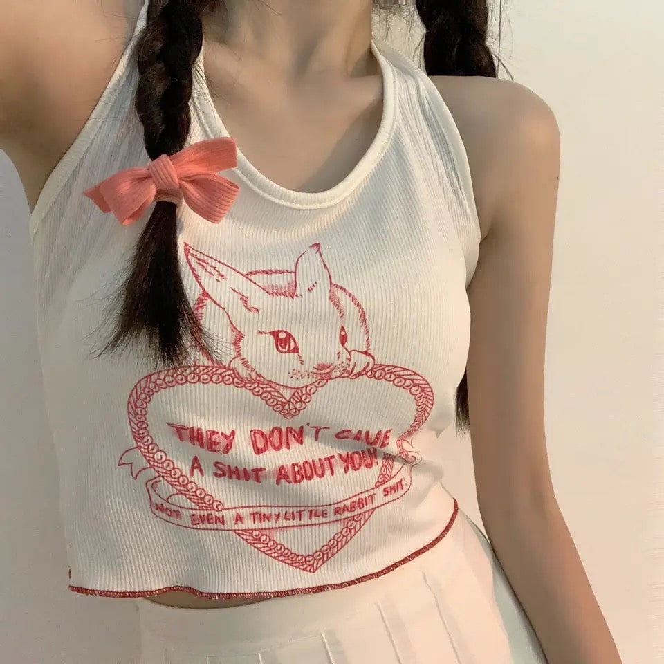 Korean summer crop top with Y2K aesthetic, sweet heart letters, and drawstring detail. Perfect for women’s casual and streetwear outfits.