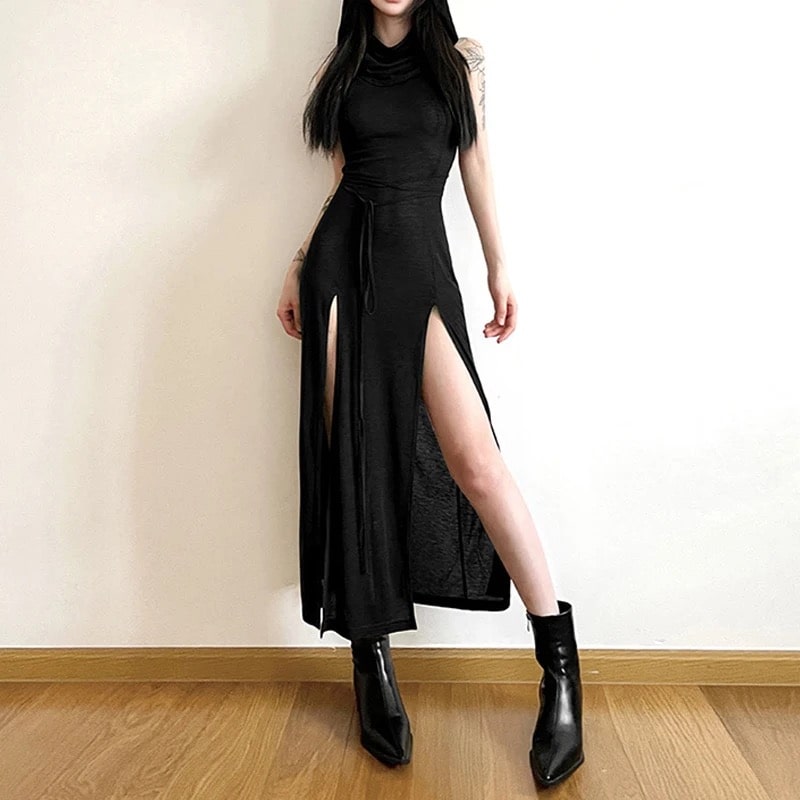 Cyber Gothic Black Dress with Leg Strap