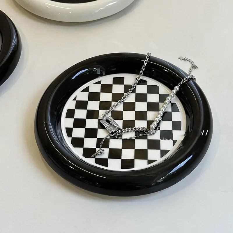 Retro Checkered Ceramic Tray on Vanity Table