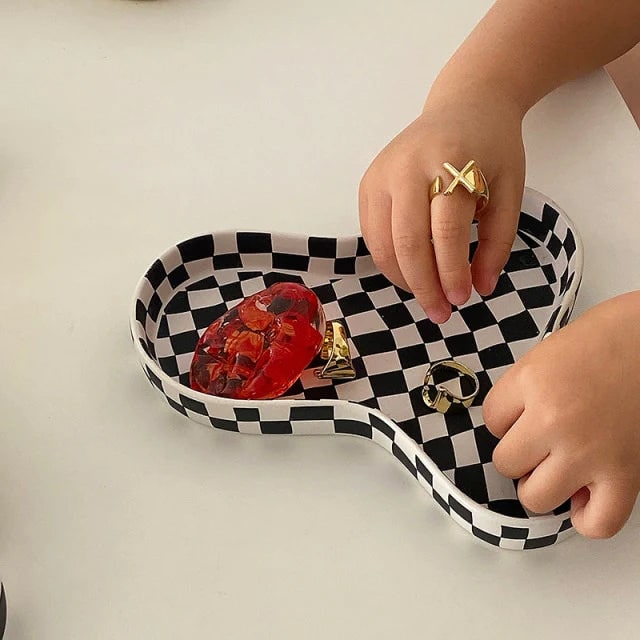 Checkered ceramic tray for retro decor