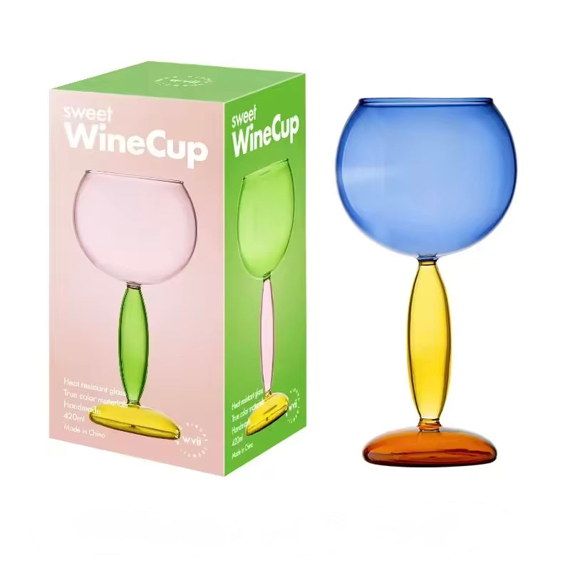 Colorful wine glass with packaging labeled 'sweet WineCup' on a white background