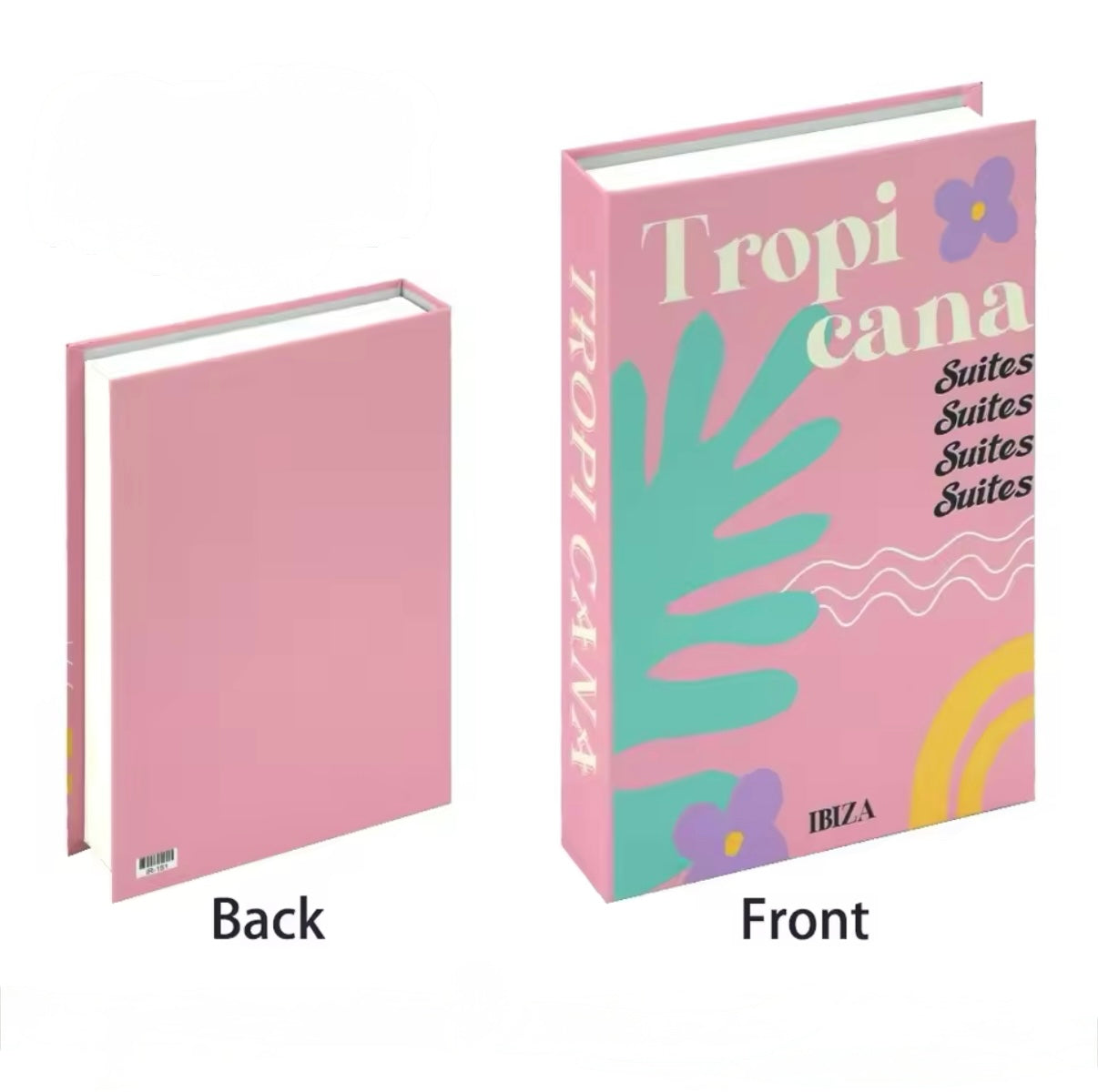 Soft pink “Miami Beach” storage book next to a glass vase with greenery and sunlit tabletop