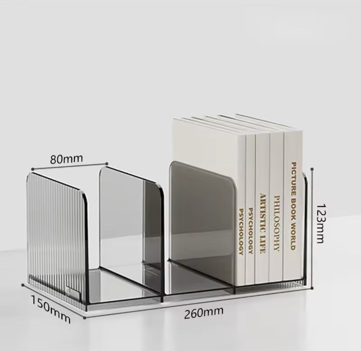 Desktop storage rack with transparent bookend design