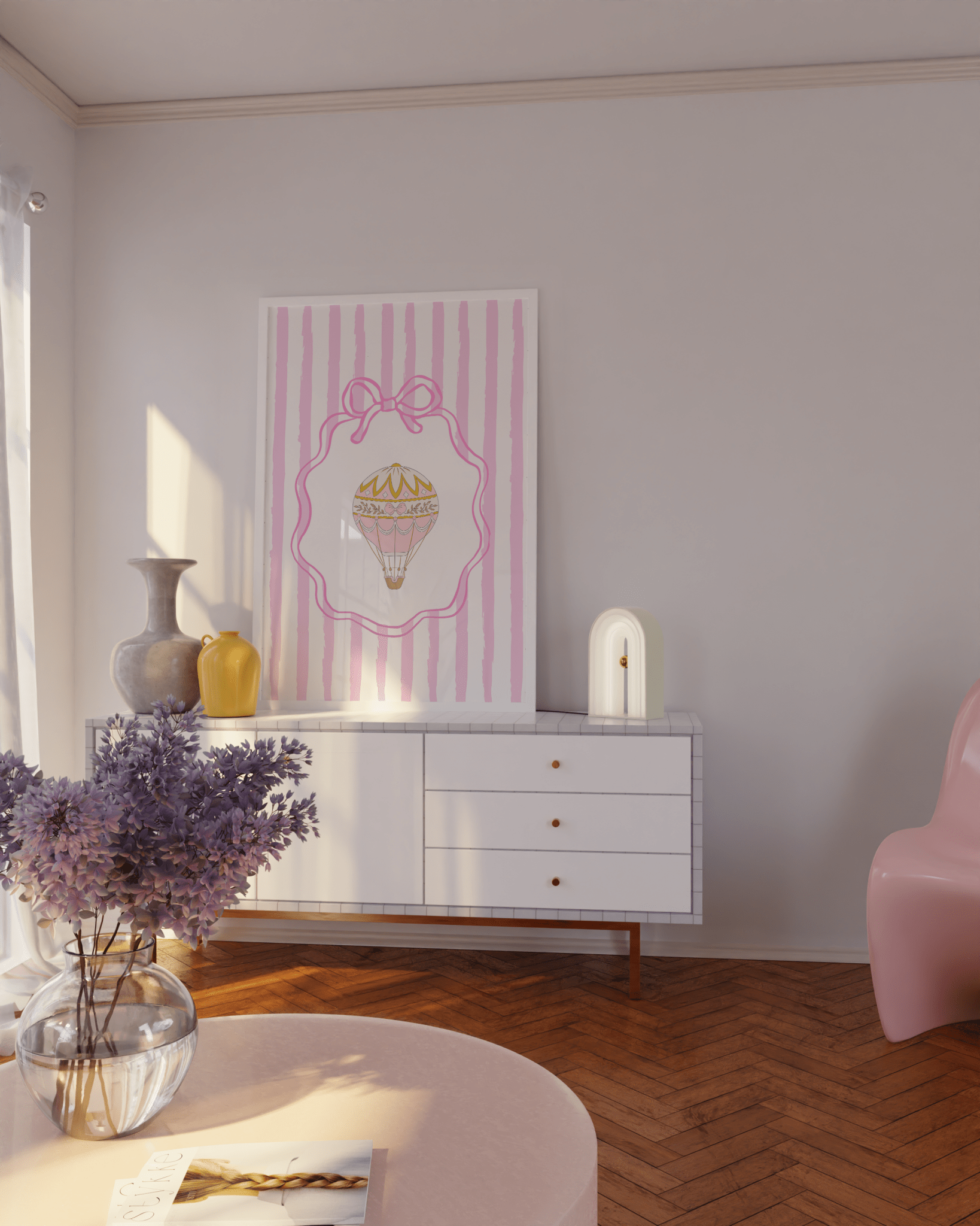 Pastel bunny and balloon poster for girls' nursery in kawaii and coquette aesthetics.