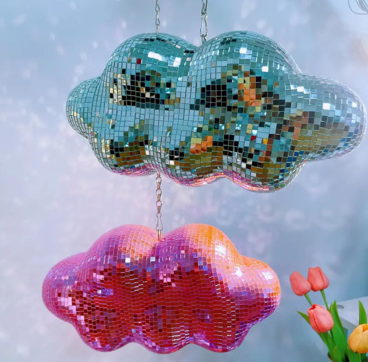 Handmade glass disco ball cloud – in pink, rose gold, silver.