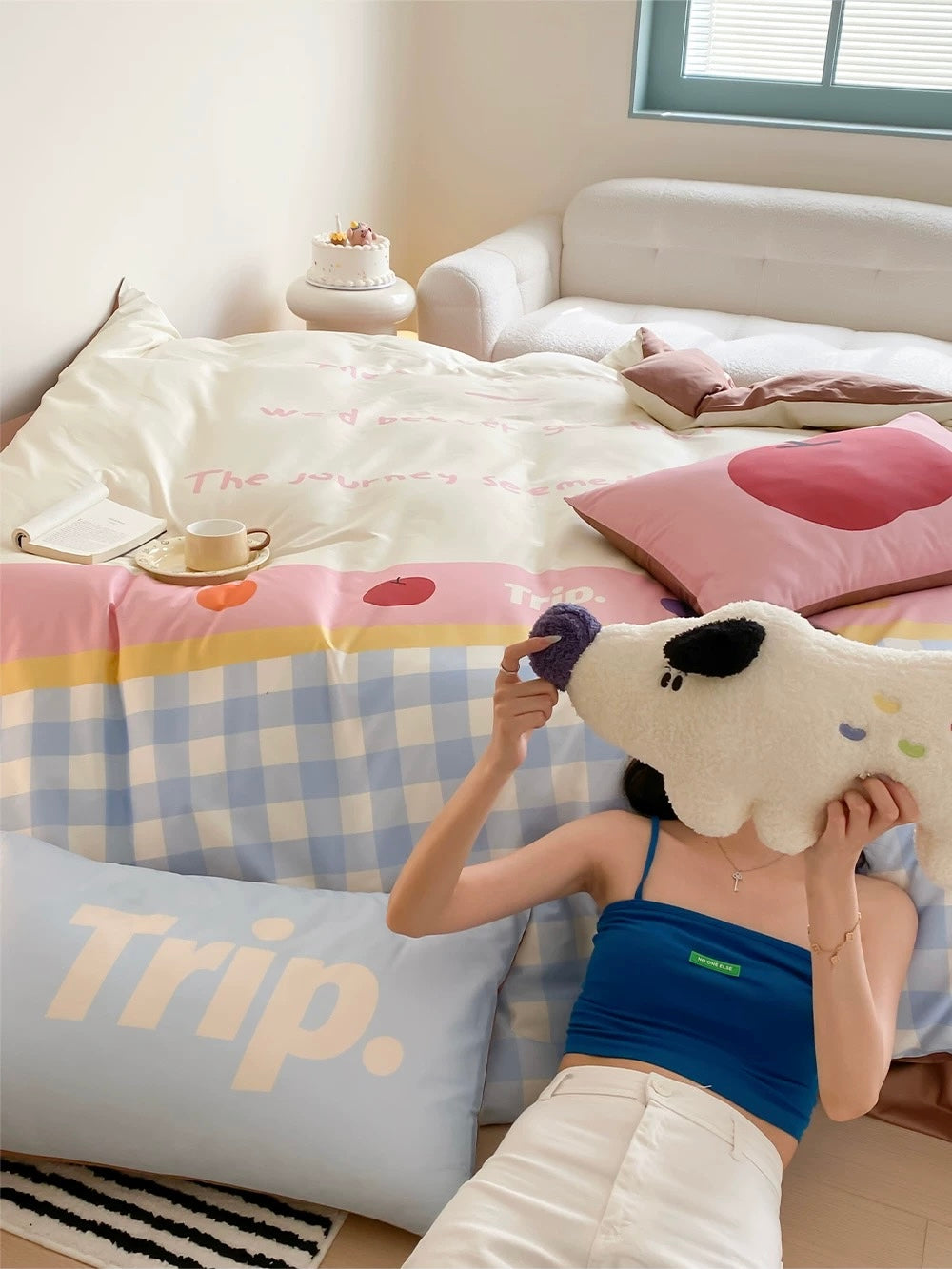 Dorm room essentials in Canada featuring dopamine pastel cotton quilt cover.