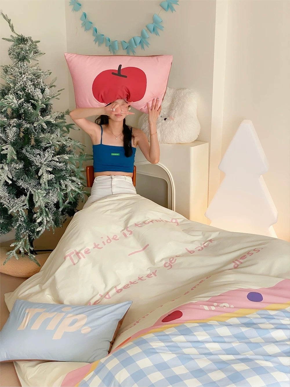 Dorm room essentials in Canada featuring dopamine pastel cotton quilt cover.