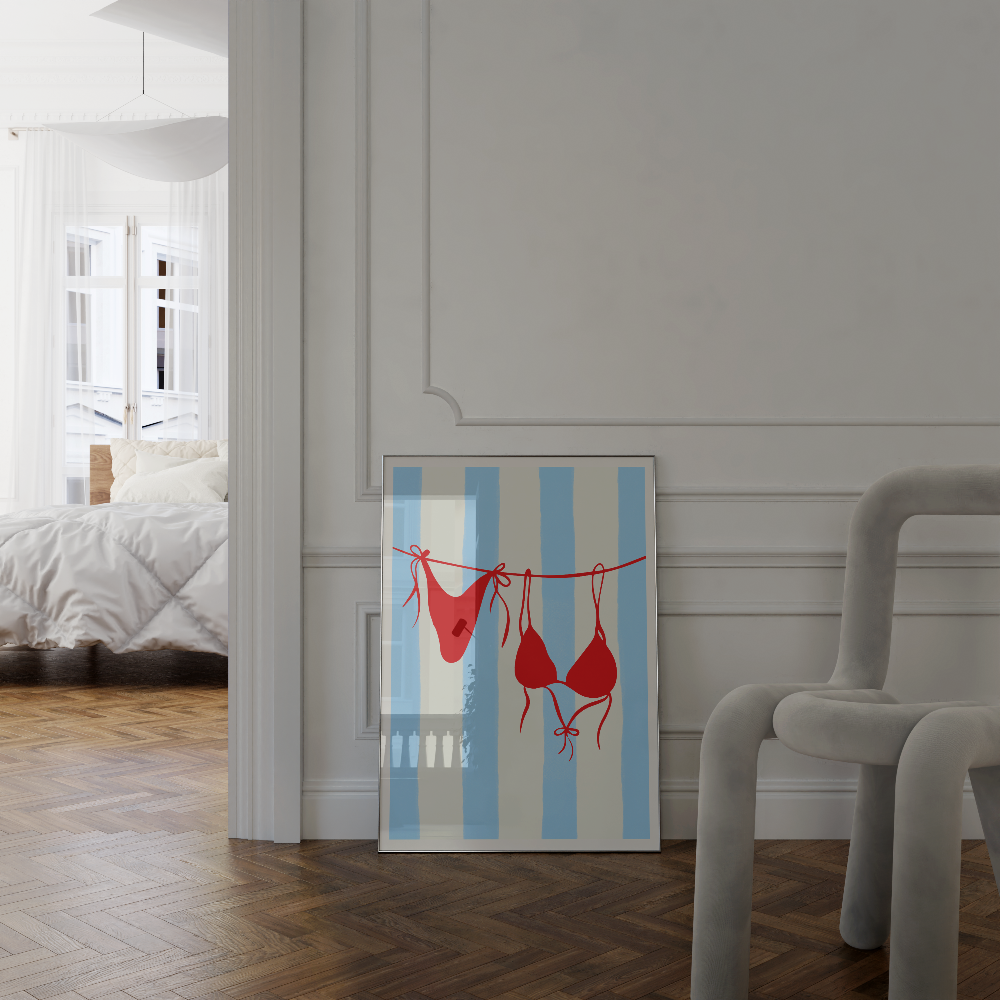 Playful coastal fish print in minimalist retro style, great for dopamine-inspired wall setups.