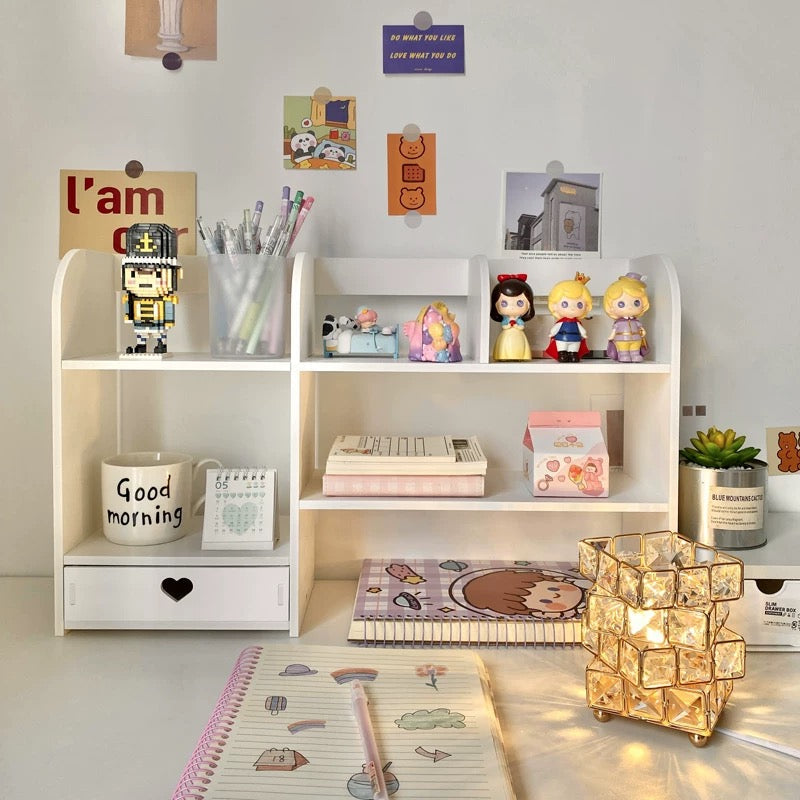 Double-layer white desktop organizer with heart-shaped drawer for stylish office storage and makeup organization