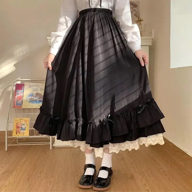 Japanese solid color A-line skirt with double layers