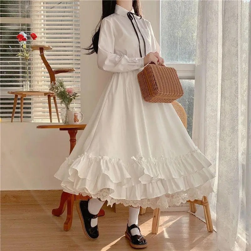 Japanese style black and white A-line long skirt with ruffles