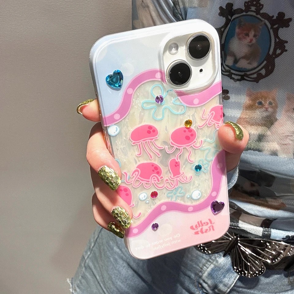 Ocean-inspired phone case with jellyfish and rhinestones