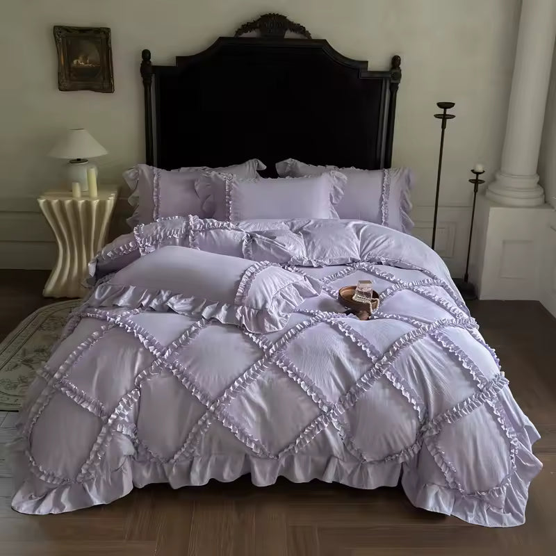 Feminine ruffled comforter set perfect for princess-style home decor.