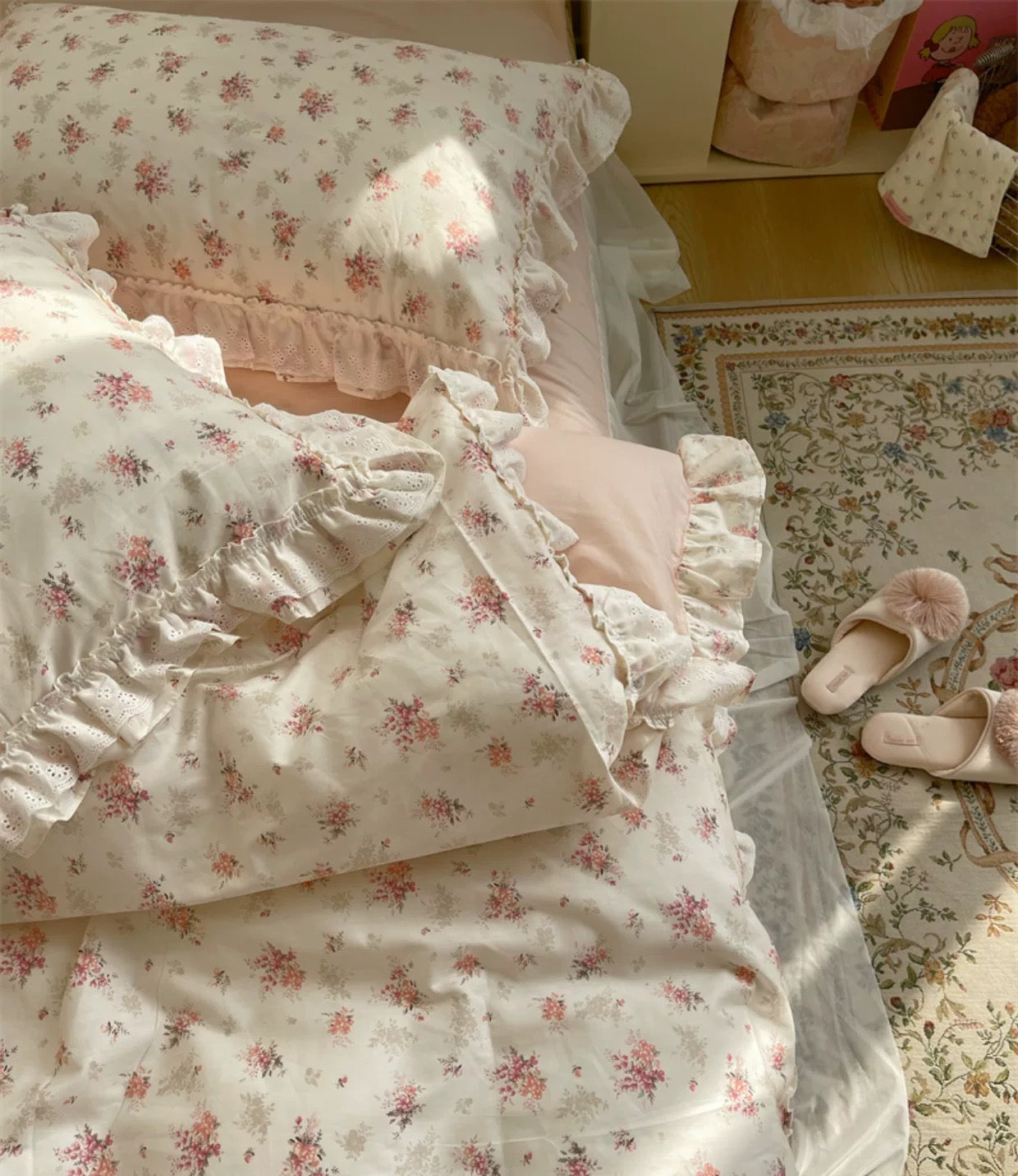 French country style bedroom featuring embroidered pink floral quilt cover