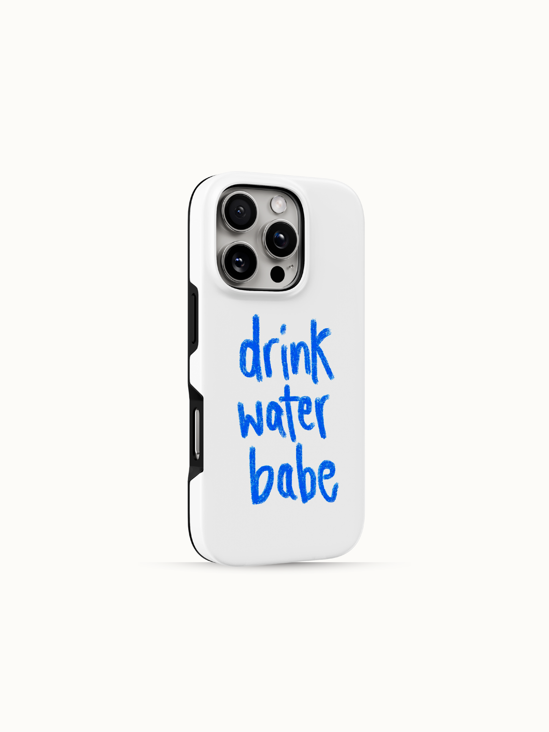 White iPhone case with blue handwritten drink water babe lettering, back view