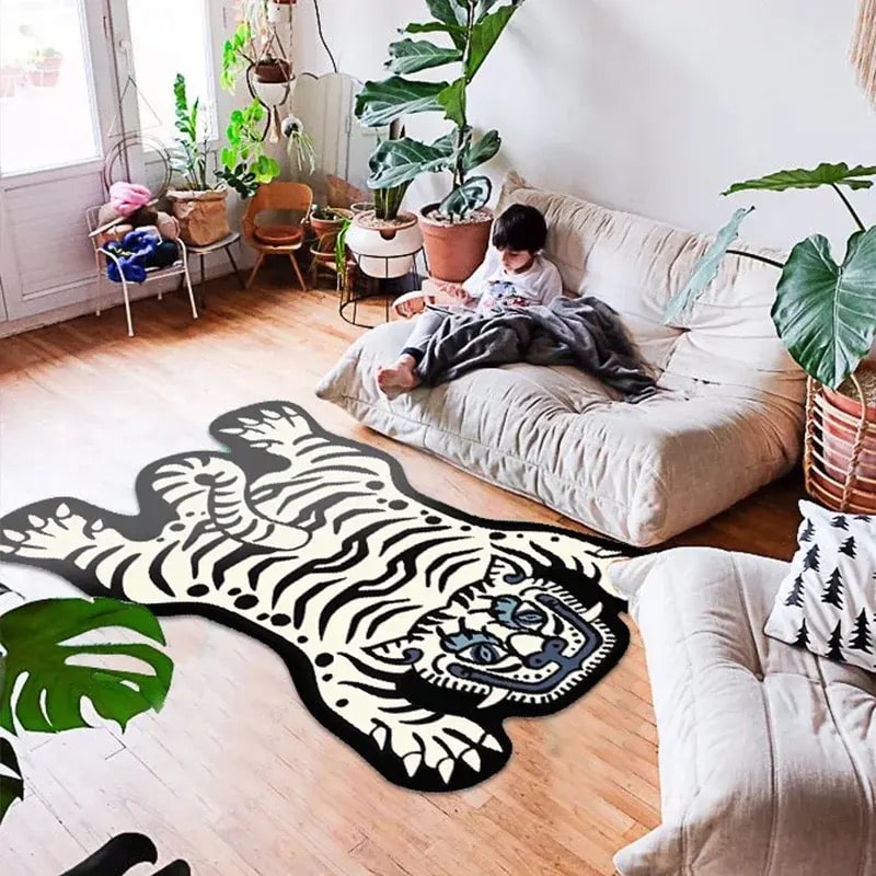 Handmade Tibetan tiger rug for eclectic bedroom