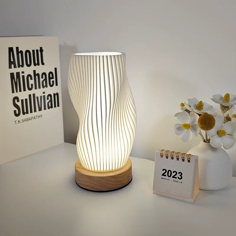 Dimmable modern desk lamp with pleated striped lampshade. Wooden holder bedside lamp with USB port for Nordic room decor.