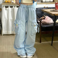 Trendy blue loose fit cargo trousers for women with Harajuku style