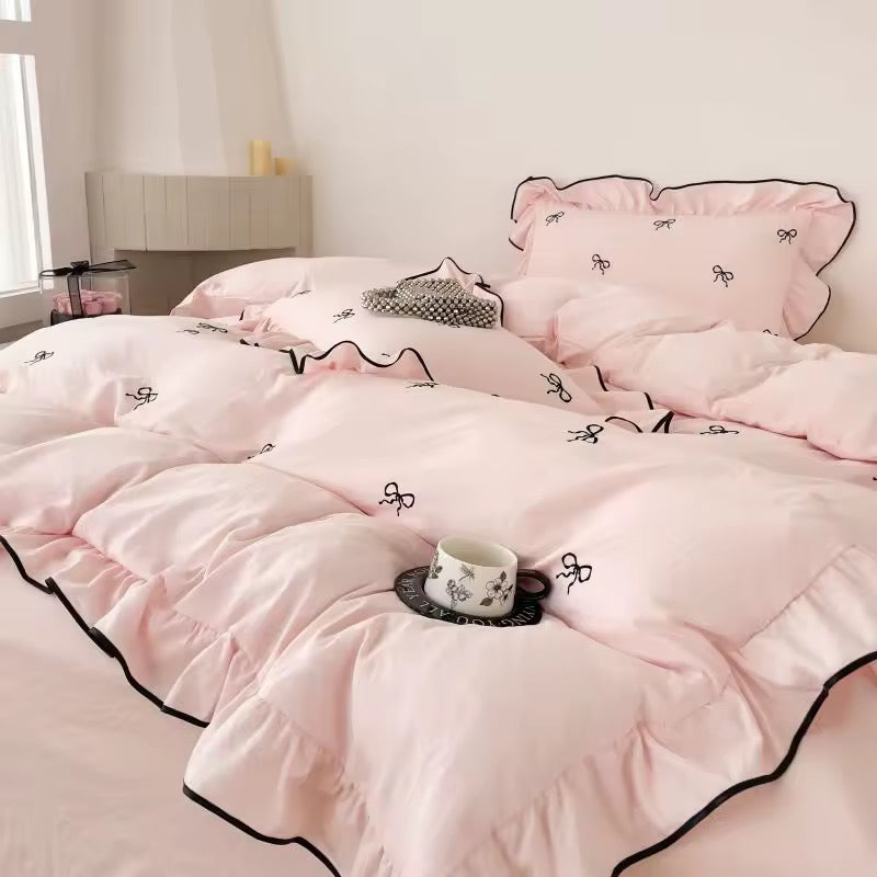 Korean-inspired bedroom aesthetic featuring a frilly duvet set