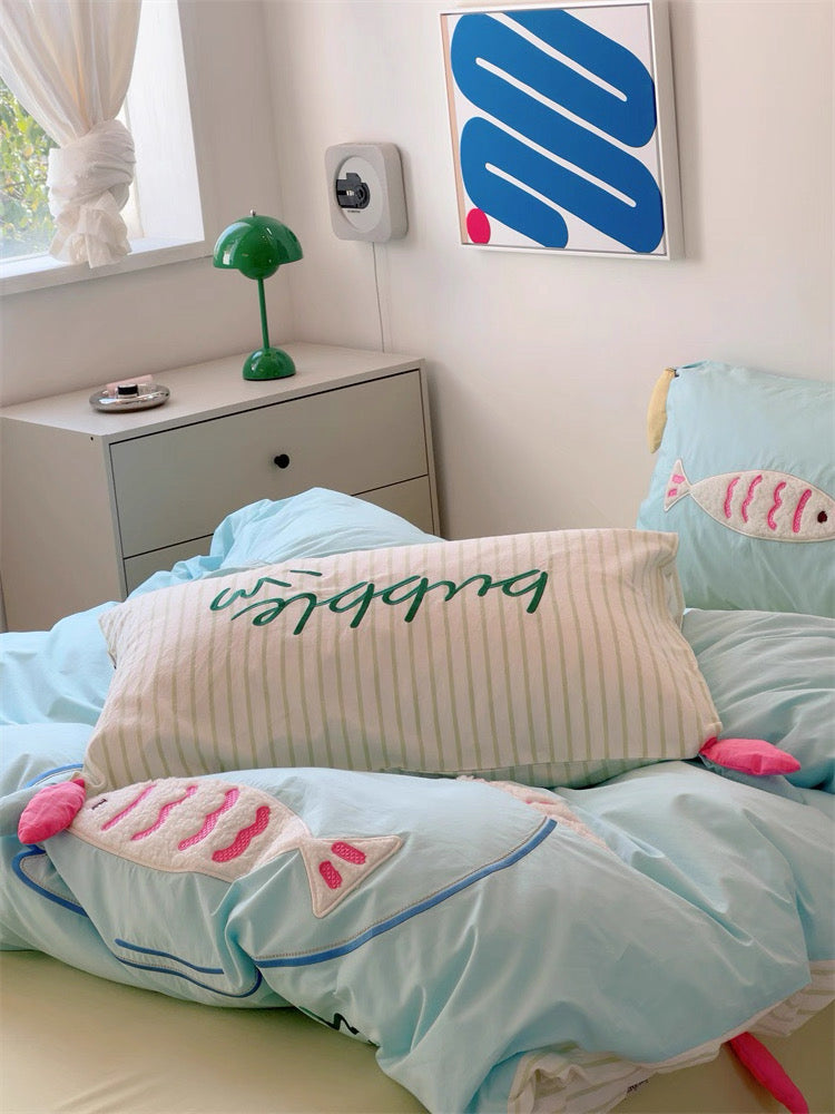 Pastel blue washed cotton bedding, soft breathable fabric with fun kawaii embroidery.