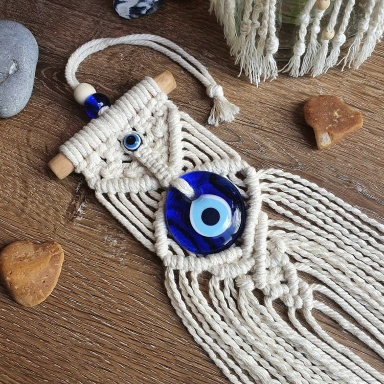 Evil eye macrame wall hanging for bohemian decor lovers