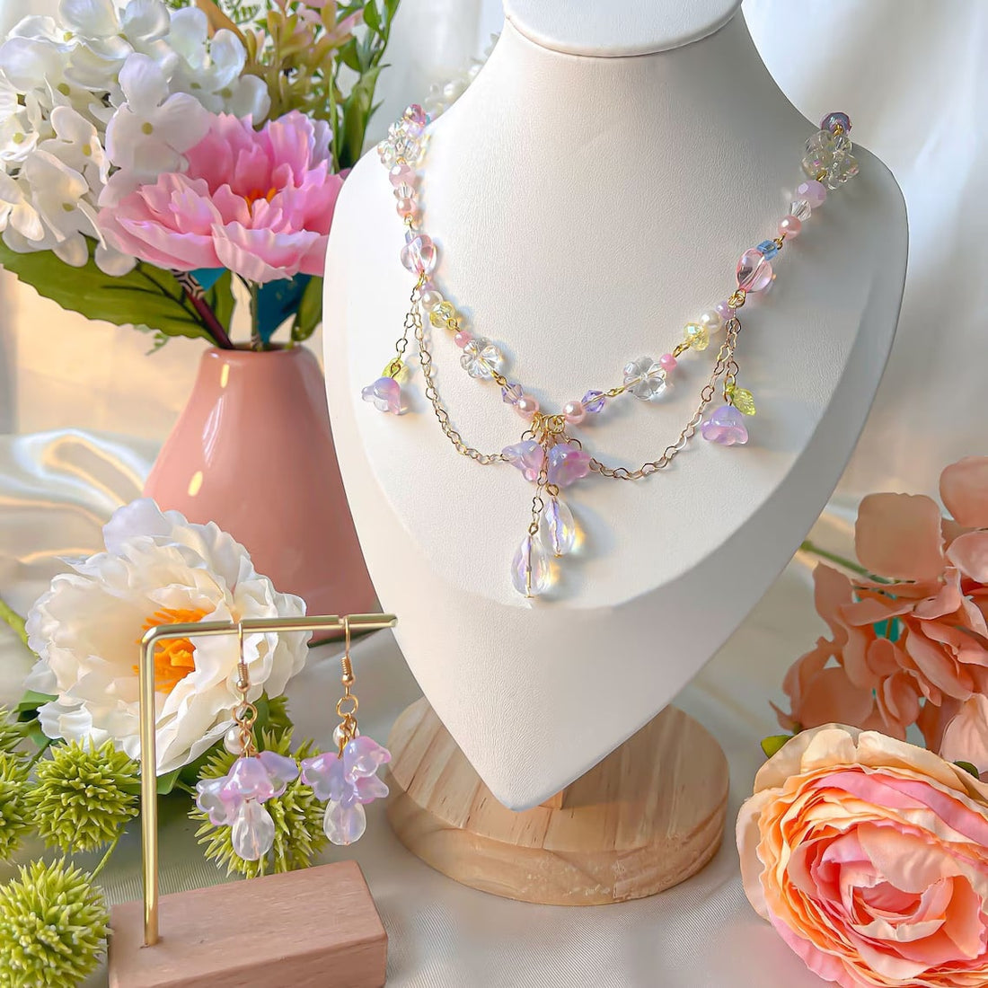 Fairy Flower Jewelry Set with cottagecore necklace and hoop earrings