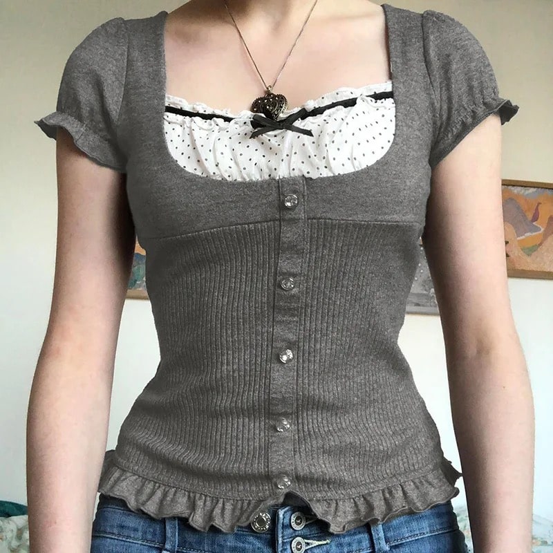 Y2K Patchwork T-shirt - Coquette Ribbon Crop Top with Ruffles