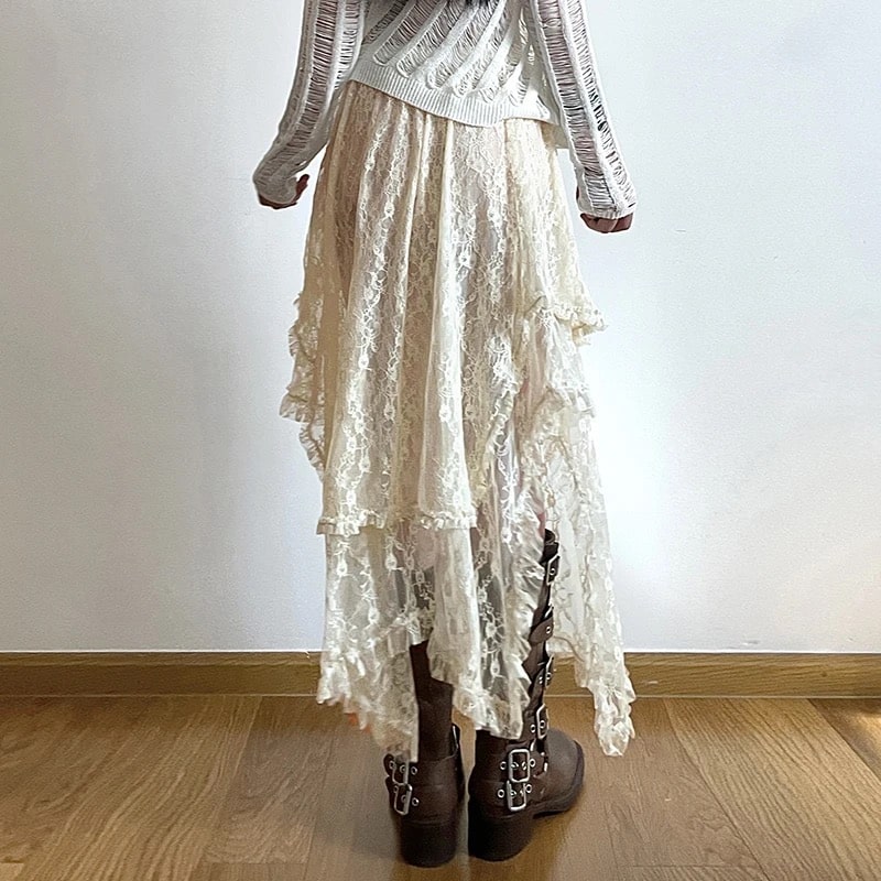 Fairycore apricot lace skirt with asymmetrical hem and tulle layers