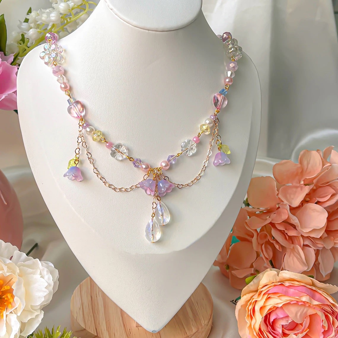 Cottagecore inspired necklace and earrings with floral charm