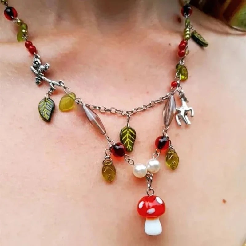 Fairycore-inspired beaded mushroom drop necklace